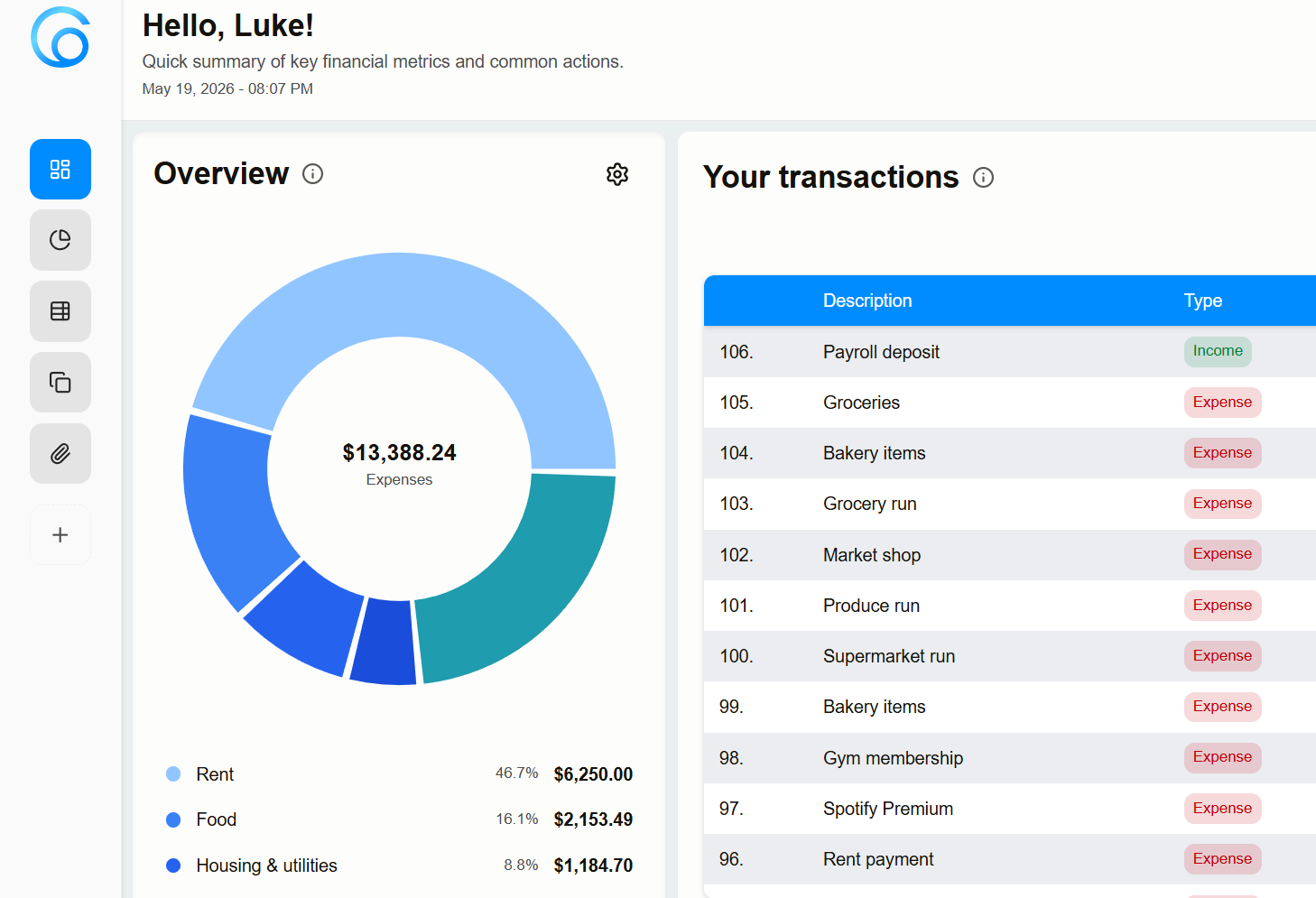 OCRA app preview showing a private finance dashboard